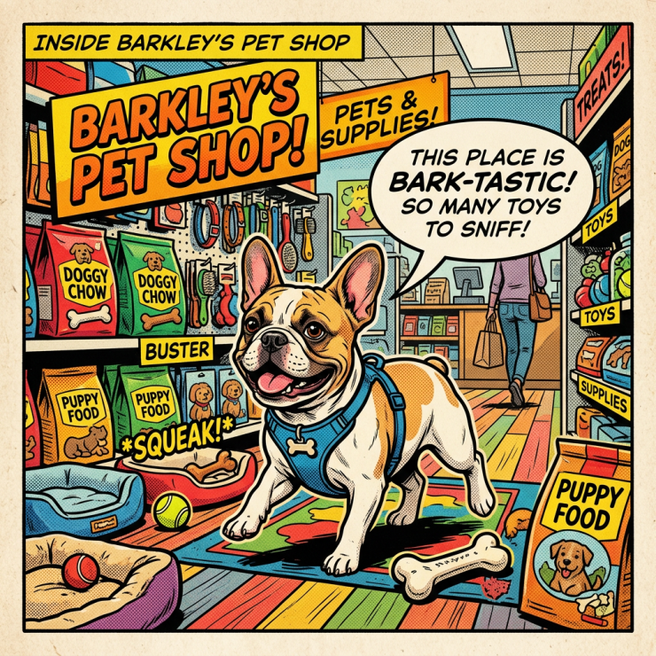 Happy dog named Buster in a colorful pet shop surrounded by dog food, toys, and supplies