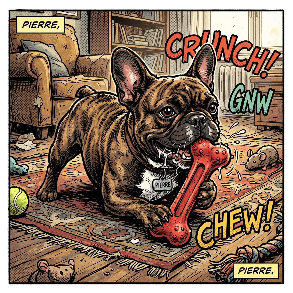 French bulldog named Pierre chewing a red bone toy on a rug with toys and a mouse nearby