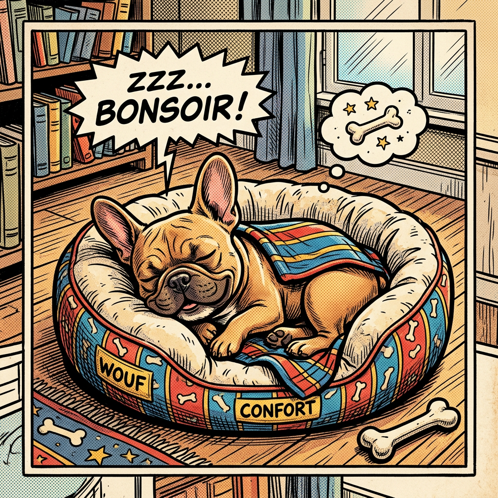 Sleeping French bulldog in bed dreaming of a bone