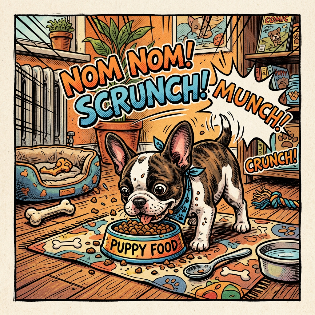 Puppy eating from a bowl labeled 'Puppy Food' in a cozy room with scattered kibble and toys