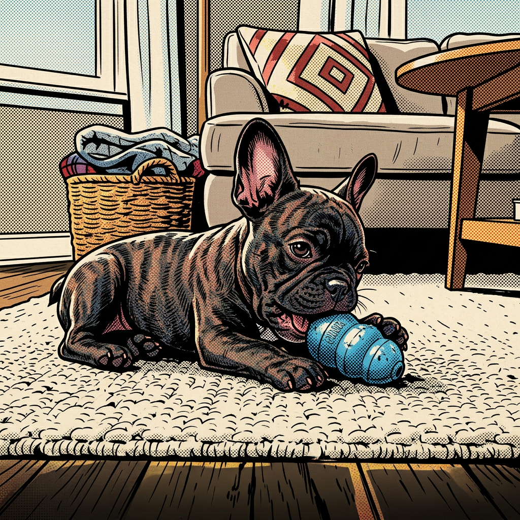 French Bulldog puppy chewing on a blue rubber toy on a beige rug